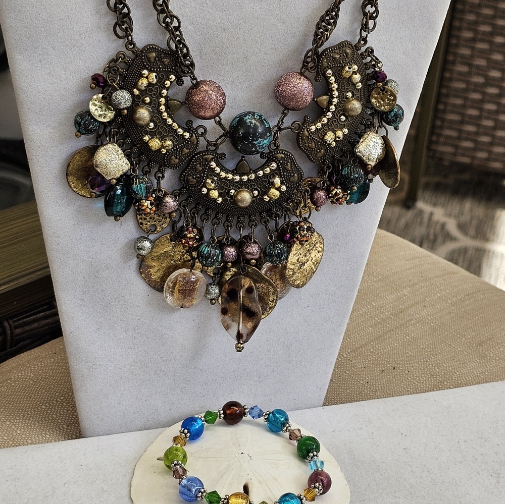 Vintage Boho Bead Metal Necklace with Glass Bead Bracelet SET!